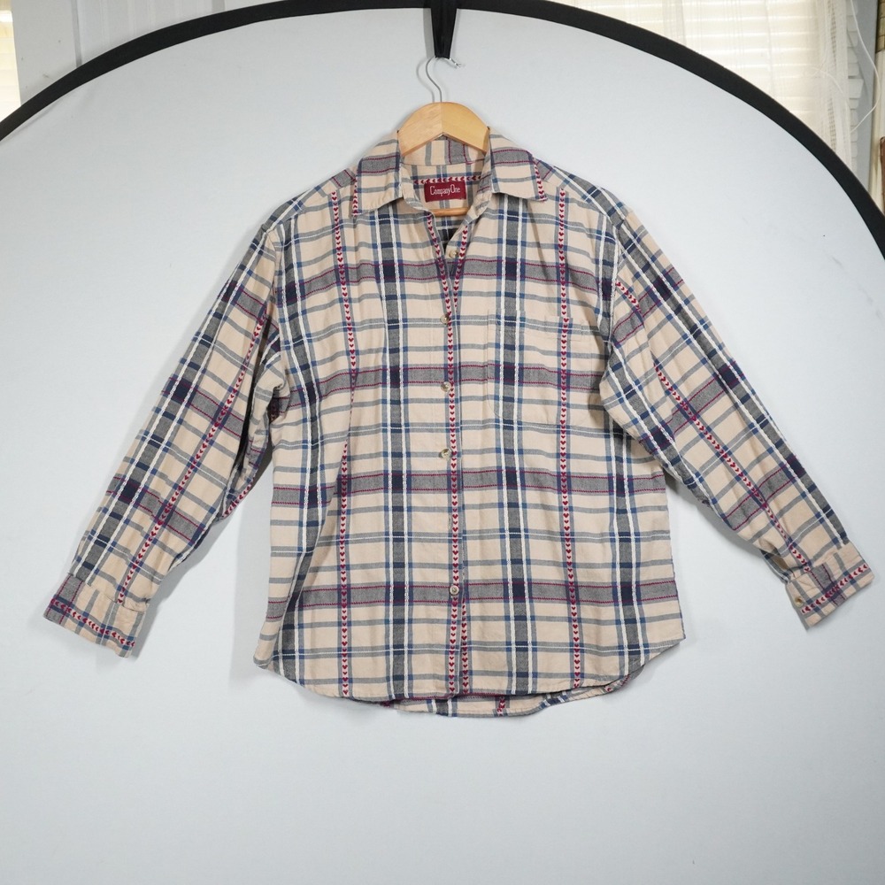 VTG Company One Plaid Heart Embroidered Button Down Shirt Tan Blue L Novelty